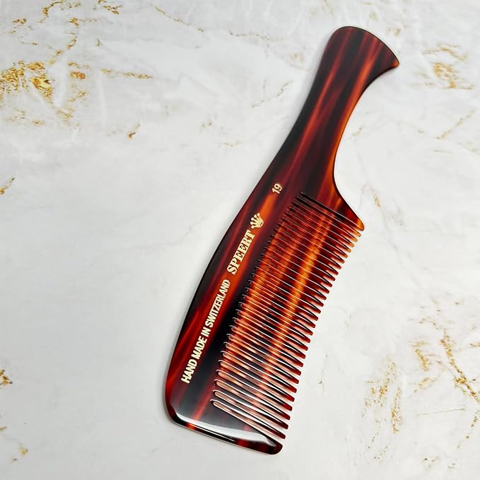 #19 Handmade Wide Tooth Rake Comb Tortoise Havana Acetate Large Handle Thick Coarse Curly Hair Detangling Parting Grooming Teasing Hair Styling Hairdresser Barber Hairdressing Wet Dry Pocket