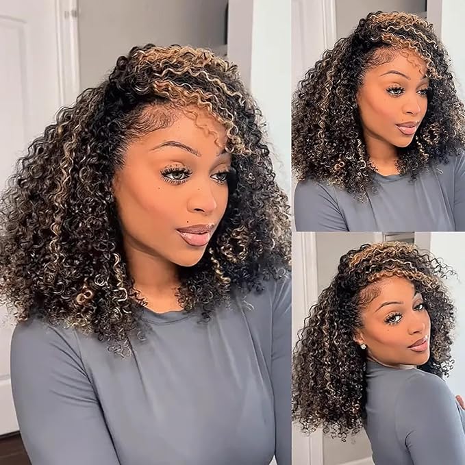 Half Wig Human Hair 3 In 1 Kinky Curly Wig Glueless Balayage Highlight Ombre Brown 250% Density Wear Go Half Wig for Women Drawstring Seamless Flip Headband Wig Beginner Friendly 16 Inch