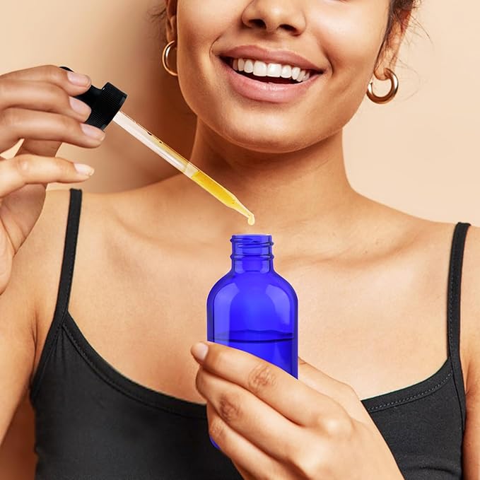 42 Pack 4oz Cobalt Blue Glass Bottles with Glass Eye Droppers for Essential Oils, Perfumes & Lab Chemicals (Brush, Funnels, 3 Extra Droppers, 48 Pieces Labels & 30ml Measuring Cup Included)