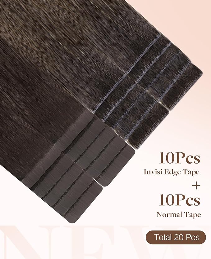 GOO GOO Invisi Edge Tape in Hair Extensions Human Hair, 1D/2C/4E Chocolate Dip Color Melt 10pcs injected with 10pcs classical tape ins, 12inch 40g, Virgin Remy Hair, Natural Look