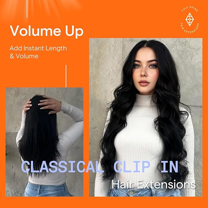 Full Shine 28 Inch Clip in Hair Extensions Real Human Hair Jet Black Long Clip in Extensions for Women Black Human Hair Straight 150 G Clip on Hair Extensions 7 Pcs