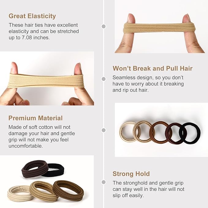 Bessrung 80 Pcs Brown Hair Ties No Damage, Seamless Elastic Hair Ties for Women Girls, Strong, Stretchy Hair Bands, Soft Nylon Ponytail Holders for Thin Thick Hair, Hair Accessories for Christmas Gift