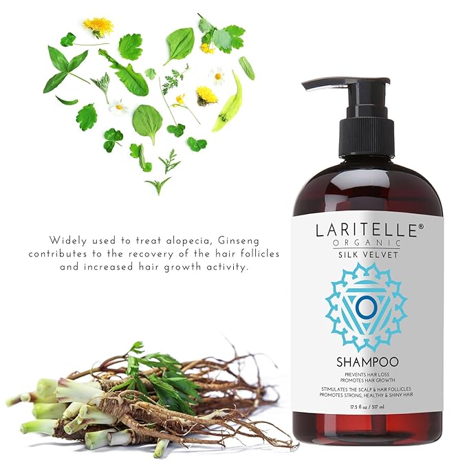 Laritelle Silk Velvet Organic Hair Loss Prevention Shampoo – 17.5 oz – Rosemary, Lavender & Rice Protein Botanical Clean Formula – Made in California