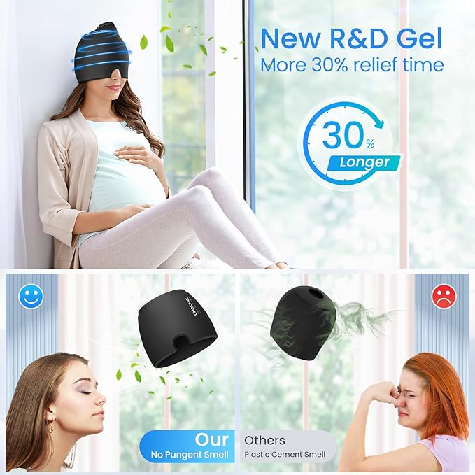 ONLYCARE Migraine Relief Cap, Upgraded Odorless Headache Relief Cap, 360° Gel Surround Ice Pack Mask for Migraine, Sinus, Stress, Frontal Headaches (Black)