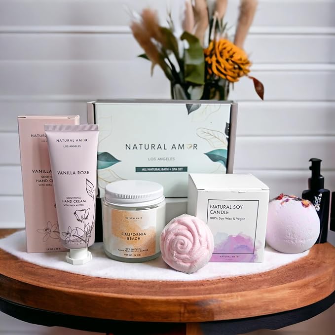Natural Amor Relaxation Spa Gift Set for Women, 5 Piece Bath & Body Box with Candle, Hand Cream, Bath Bombs & Headband, Self Care Gift for Her