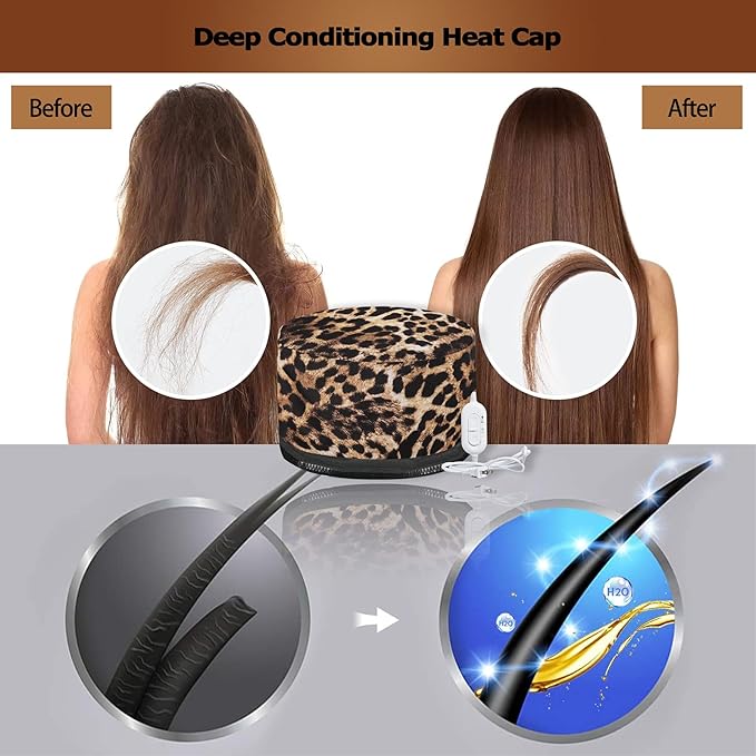 VICARKO Hair Steamer Thermal Heat Cap Deep Conditioning Natural Black Hair Scalp Treatment Spa Hot Head Care Electric for Home Use Animal Print