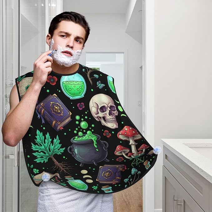 Beard Bib Apron for Men Shaving, Waterproof Non-Stick Hair Catcher with Suction Cups, Grooming Essential for Dad Husband, Witch Witchy Mushroom Skull Goth Gothic Black Shave Bib