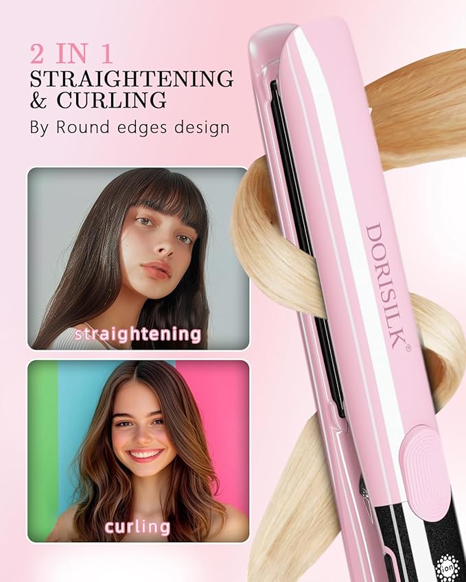 DORISILK 500 Degree High Temp Professional Hair Straightener，30s Fast Heating Ceramic Flat Iron ，2 in 1 Hair Straightener and Curler，Plasma Flat Iron Get Frizz-Free and Shiny(Pink)