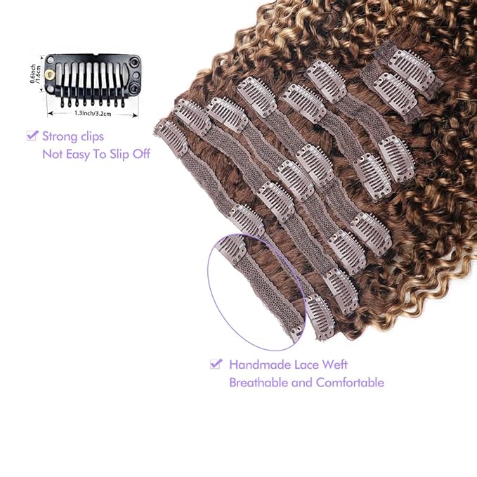 Curly Clip In Hair Extensions Real Human Hair Clip Ins Balayage Chocolate Brown to Caramel Blonde Human Hair Extensions 8Pcs with18clips 120g/Set (26 inch，#4/27/4)