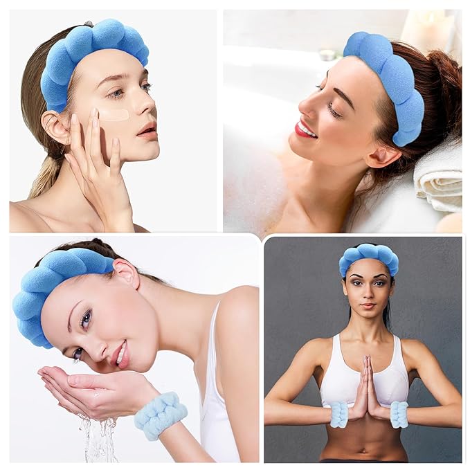 Zkptops Spa Headband for Washing Face Wristband Set Sponge Makeup Skincare Terry Cloth Bubble Soft Get Ready Hairband for Women Girl Puffy Padded Headwear Non Slip Thick Hair Accessory(Dark Blue)