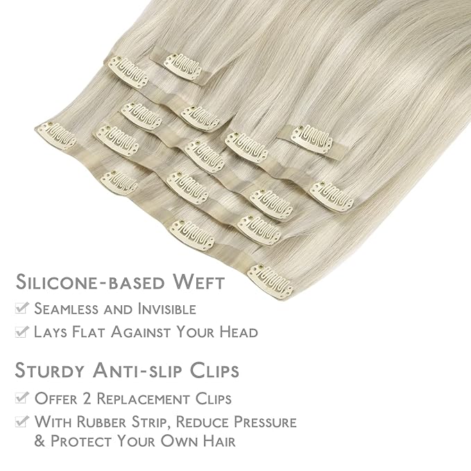 WENNALIFE Seamless Clip In Hair Extensions, 22 Inch 7pcs 150g Ash Blonde Highlighted Platinum Blonde Human Hair Extensions, Invisible PU Weft