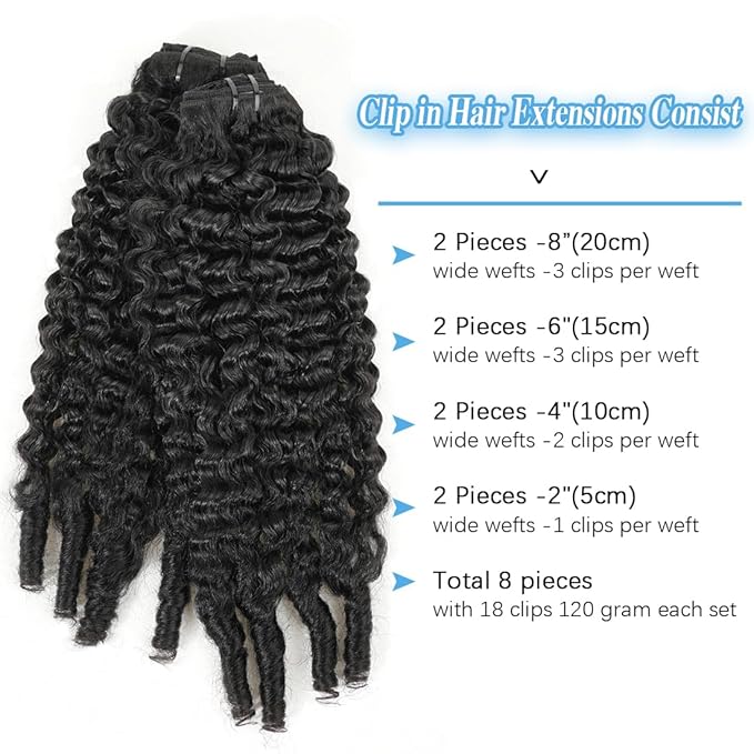 Burmese Curly Clip in Hair Extensions Real Human Hair, 8Pcs Remy Human Hair Clip in Extensions for Women, Natural Soft Human Hair, 120g 22inch #1B Natural Black