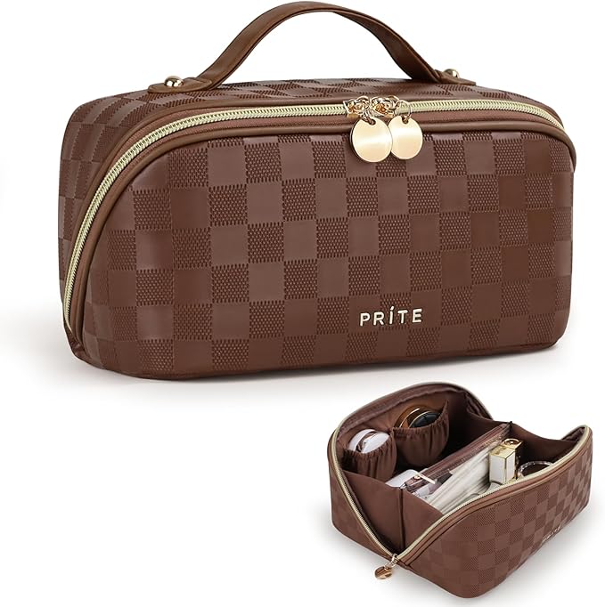 Prite Makeup Bag for Women Travel Waterproof Vegan Leather Cosmetic Bag Open Flat Toiletry Bag With Clear Divider and Handle (Plaid Brown)