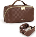 Prite Makeup Bag for Women Travel Waterproof Vegan Leather Cosmetic Bag Open Flat Toiletry Bag With Clear Divider and Handle (Plaid Brown)