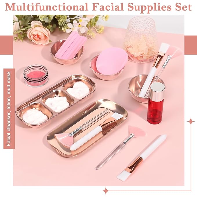 23 Pcs Rose Gold Esthetician Supplies 3 Stainless Steel Facial Mask Mixing Bowls 3 Facial Fan Brushes 3 Flat Brushs Skincare Tray 3-Compartment Serving Tray 12 Compressed Facial Sponges for Skin Care