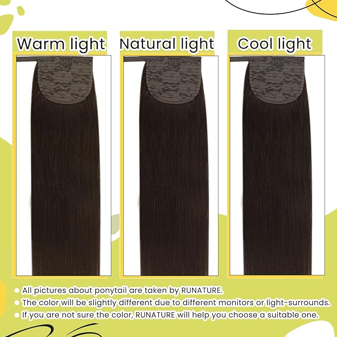 RUNATURE Brown Human Hair Ponytail Extension Straight Ponytail Hair Extensions Human Hair Dark Brown Ponytail Human Hair Extensions Short Wrap Around Ponytail Extension Remy Hair 14 Inch 70g