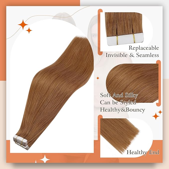 Full Shine Tape in Hair Extensions Human Hair Color 330 Copper Brown Adhesive Tape in Extensions 20Inch Long Remy Seamless Skin Weft for Women 40Pcs 100Gram Natural Straight