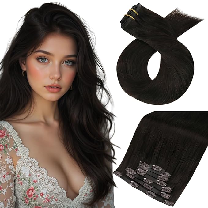 Moresoo Brown Seamless Clip in Hair Extensions Human Hair Remy Dark Brown Hair Extensions Clip ins Long Full Head Invisible 120g/7pcs 18 inch