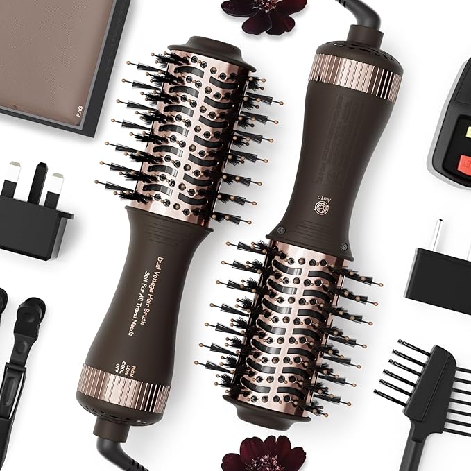 Travel Dual Voltage Hair Dryer Brush 4-in- 1,Portable Mini Hot Air Blow Dryer Straightener & Curler Brush,Titanium Oval Blowout Styler Volumizer Tools-Dark Chocolate