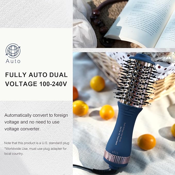 Dual Voltage Travel Hair Dryer Brush, 2 Inch Oval Hot Air Brush, One Step Travel Hair Styler/Volumizer/Straightener/Curler, European Blow Dryer Brush with Universal Adapter