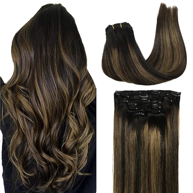 GOO GOO Clip in Hair Extensions Real Human Hair, Remy Human Hair Extensions Clip ins for Women, Natural Human Hair, 18inch 120g 7Pcs, 1B/6/1B Balayage Natural Black to Chestnut Brown
