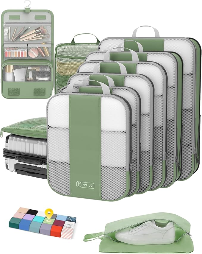 10 Set Compression Packing Cubes for Travel Essentials,Compressible Expandable Packing Cubes for Suitcase,OlarHike Luggage Organizer Bags for Travel,Handy Helper for Organizing Clothes(Matcha Green)