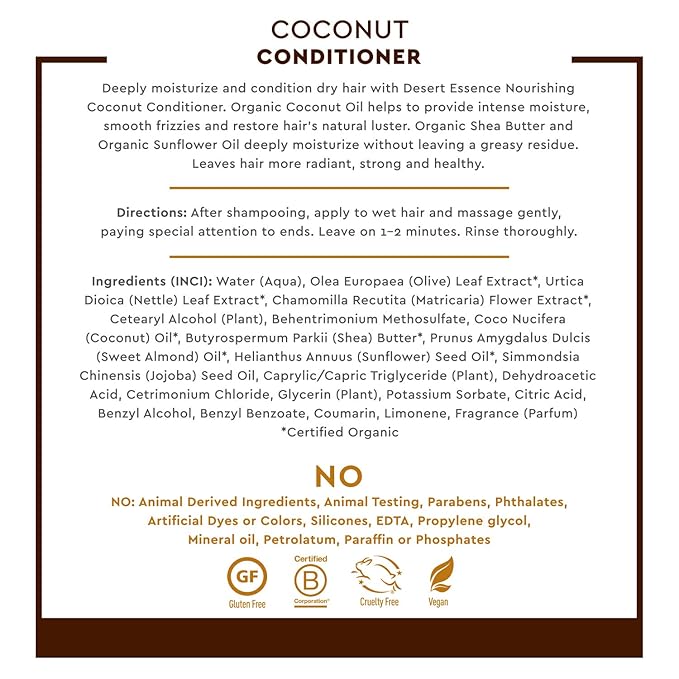 Desert Essence Coconut Conditioner - 8 fl oz - Nourishing for dry hair, smooth frizz and restore moisture and shine with Organic Coconut Oil, Shea Butter, and Sunflower Oil