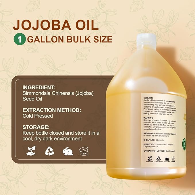 1 Gallon Jojoba Oil EWG Verified - 100% Pure Jojoba Oils Bulk Cold Pressed Unrefined Hexane Free Virgin Golden jojoba Carrier Oil for Hair Skin Massage DIY Natural Body Moisturizer