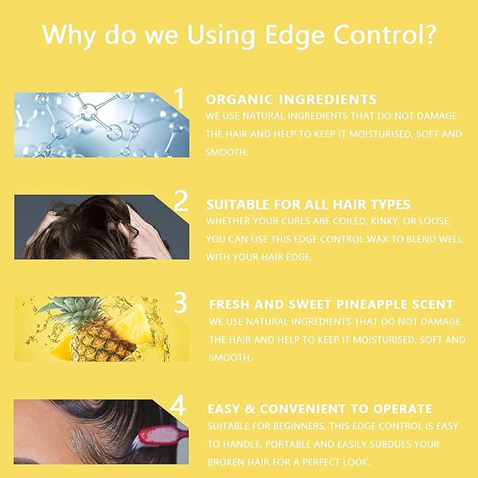 8.25 OZ Edge Control Wax for Women, Non-greasy Edge Smoother for Back Hair Extreme Hold Pack, Water-based Gel for All Hair Types, No Flaking, Extra Hold (Pineapple)