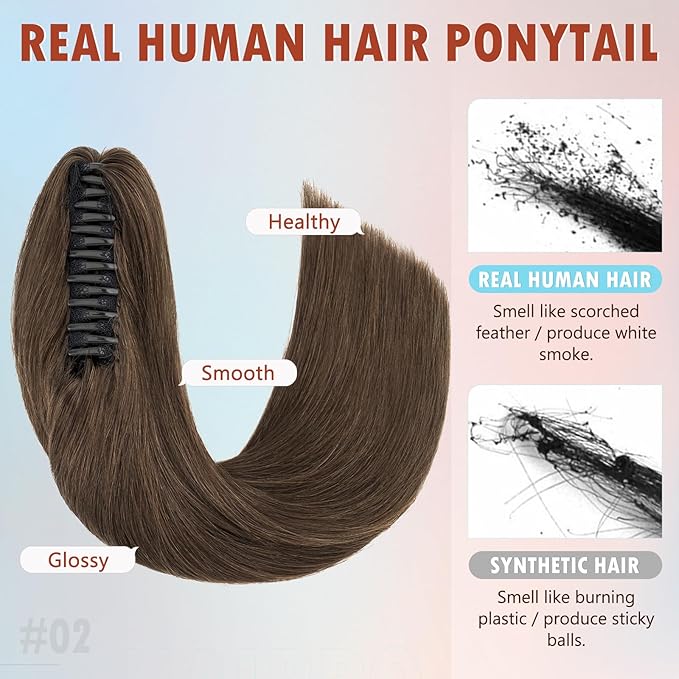 Hairro Ponytail Hair Extensions Claw Clip In Ponytails Jaw On Ponytail Extensions 100% Real Human Hair Long Straight Jaw/Claw Clips Pony Tail Hairpieces For Women 16 Inch 105g #02 Dark Brown