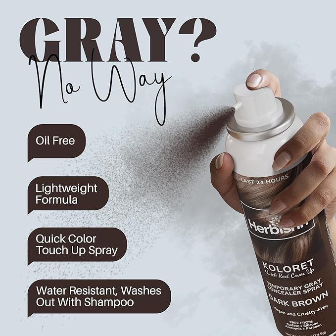 Herbishh Koloret Quick Root Touch Up Hair Color Spray Dark Brown (74.5g), Instant Gray & Dark Brown Root Cover Up, Temporary Hair Color Spray, Lightweight Non-Sticky Dye Mist, Travel Aerosol