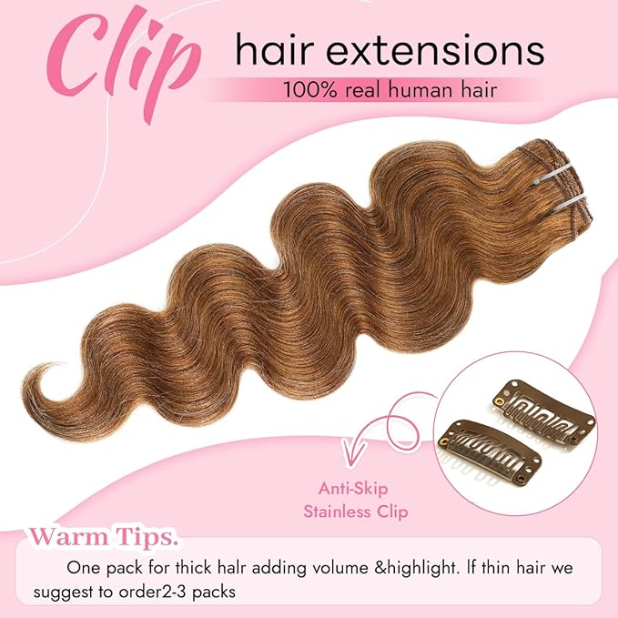 Clip in Hair Extensions Real Human Hair Body Wave 6 Chestnut Brown Clip in 100% Brazilian Remy Human Hair Extensions 8pcs Per Set with 18 Clips Double Weft 16 Inch 90g/3.6oz