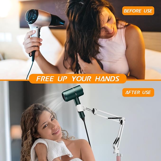 Hair Dryer Stand, 1.68M Height Adjustable, Hands Free Blow Dryer Holder with Heavy Base, 360 Degree Rotating, Work with 99% Dryers, Gift for Mom, Elder, Frozen Shoulder - White