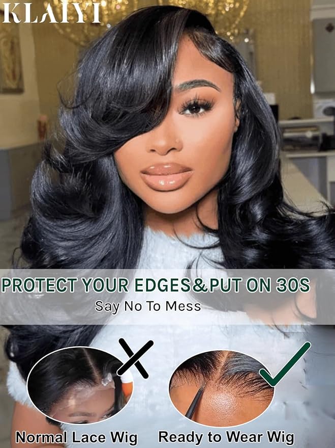 KLAIYI Bye Bye Slip™ Loose Body Wave Wig Layer Side Part 200% Density 7X5 Pre Cut Lace Front Wigs Human Hair Drawstring Glueless 30S Ready to Wear and Go Beginner Wig Pre Plucked Bleached Knots 20Inch