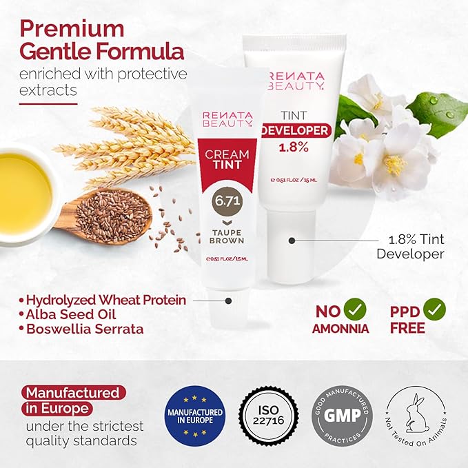 RB RENATA BEAUTY Tint Kit for Spot Coloring – Cream Hair Dye Kit with Developer and Application Brush, Covers Gray Hairs, Smudge-Proof, Long-Lasting Up to 4 Weeks, 20 Applications [Taupe Brown]