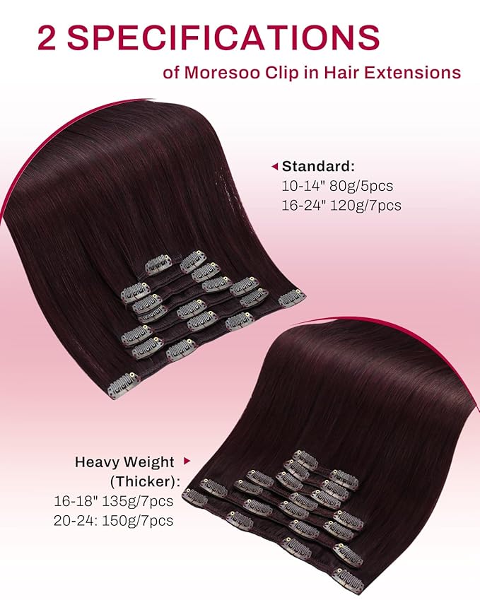 Moresoo Burgundy Clip in Hair Extensions Short Clip in Human Hair Extensions Red Wine for Women Real Human Hair Double Weft #99j Dark Red 80g/5pcs 12 inch