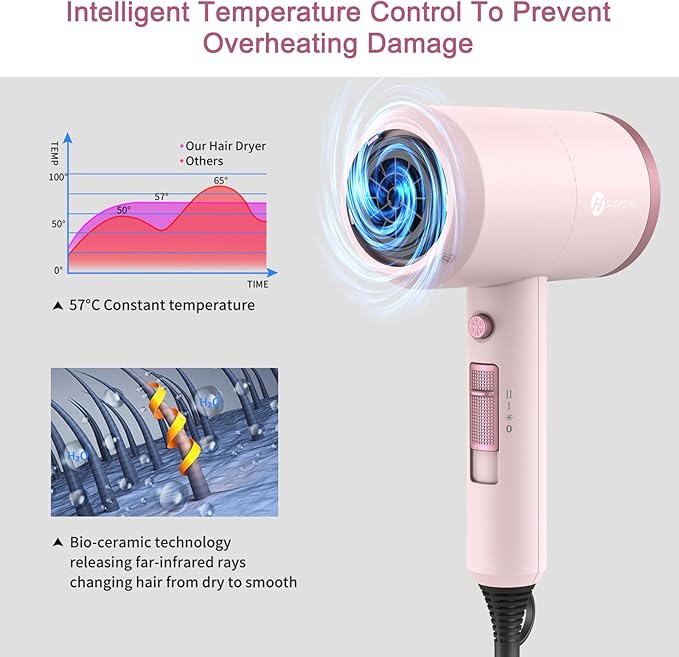 Slopehill Professional Ionic Hair Dryer, Powerful 1800W Fast Drying Low Noise Blow Dryer with 2 Concentrator Nozzle 1 Diffuser Attachments for Home Salon Travel (Pottery Pink and Rose Gold)