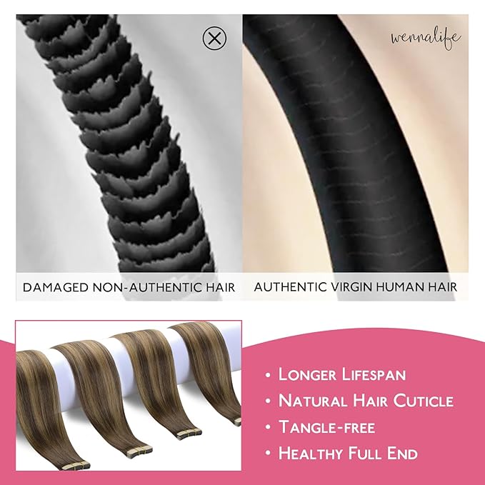 WENNALIFE Tape in Hair Extensions Human Hair Balayage Chocolate Brown to Caramel Blonde Tape in Extensions, 10pcs 20g 10 inch Remy Invisible Tape Ins Straight Soft Real Human Hair Tape in Extensions