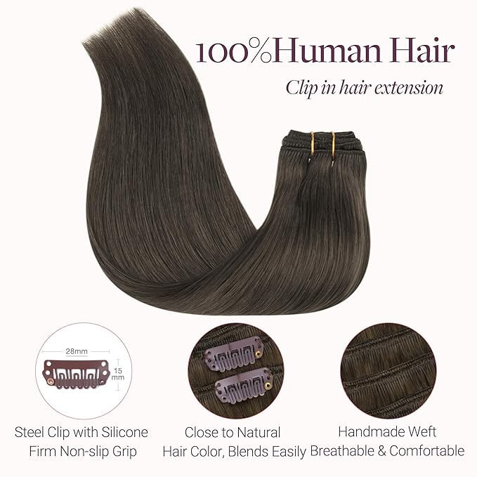 GOO GOO Clip in Hair Extensions Real Human Hair, Remy Human Hair Extensions Clip ins for Women, Natural Human Hair, 22inch 150g 9Pcs, 1C Mocha Brown