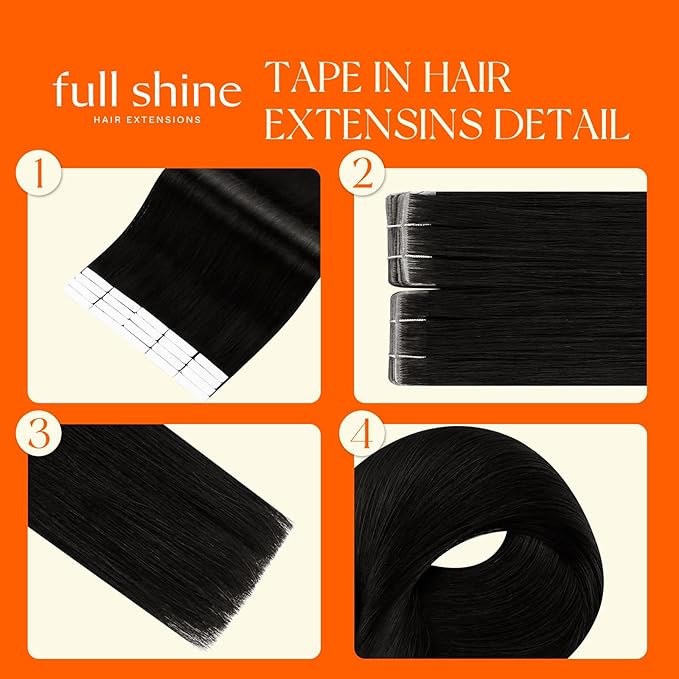 Full Shine Injected Tape ins Human Hair Extensions Color 1 Black 22 Inch Remy Tape in Extensions Human Hair Injection Silky Straight Seamless Skin Weft 50 Grams for Women 20 Pcs Add Length Brazilian