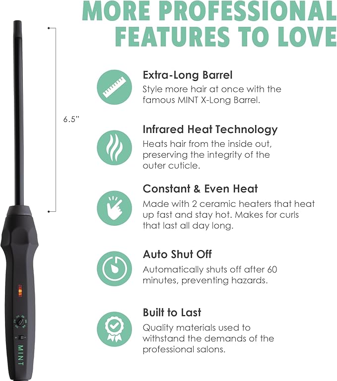 MINT Professional Clamp-Free Curling Wand 3/8 Inch for Long Hair | Extra Long Curl Wand 4-Heater Ionic Ceramic Tourmaline Barrel | Best Curling Wands | Adjustable 230-430°F | Worldwide Dual Voltage