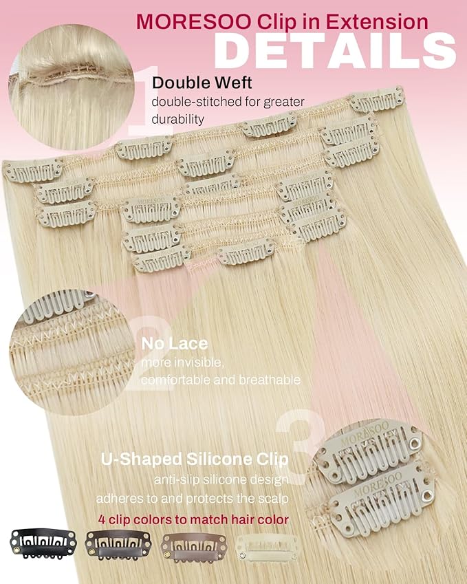 Moresoo Long Blonde Clip in Hair Extensions 24 inch Golden Platinum Blonde Real Human Hair Extensions Clip ins Remy for Women Long Straight 120g/7pcs 24 inch