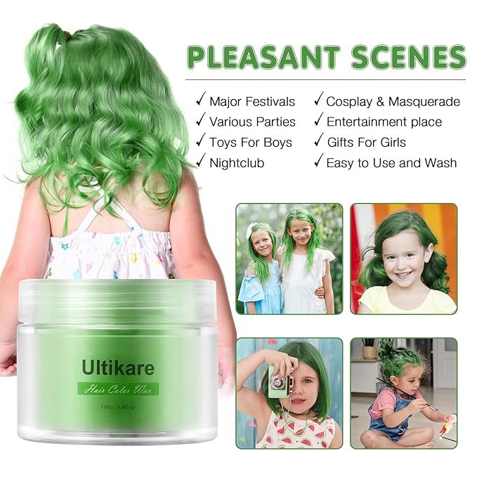 Ultikare Green Hair Color for Kids - Instant Mud Cream Gel Wax, 3.4 Fl Oz, Christmas Girl Gifts, Party, Cosplay DIY, Children's Day