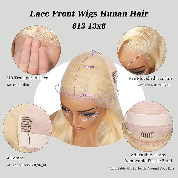 613 Human Hair Wig 30 Inch Hd Lace Full Frontal Wig 13X6 220% Density Body Wave Blond Wig Human Hair Pre Plucked 100% Real Human Hair Triple Lifespan 3X No Tangle No Shedding No Synthetic