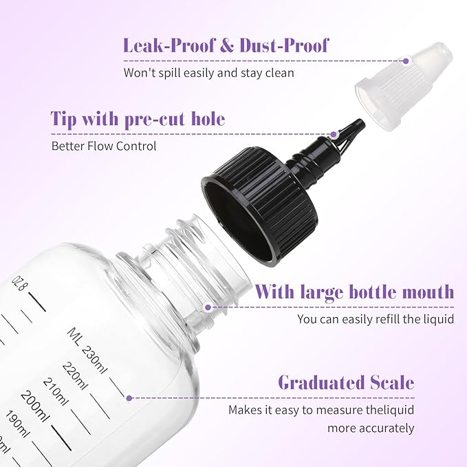 2Pcs Applicator Bottle for Hair, 8.5oz Twist Top Squeeze Oil bottles, Plastic Hair Color Bottle Dispenser Container for Scalp Root Dye Container with Clear Graduated Scale