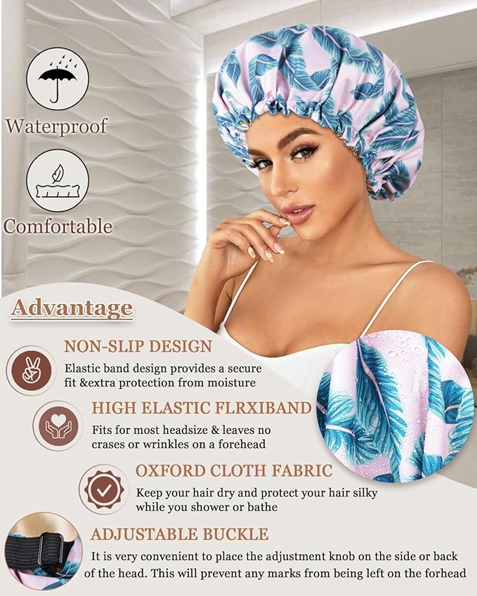 Large Shower Caps for Women Reusable Waterproof Satin Lined Shower Cap with Adjustable Band Double Layer Design Luxury Washable Bath Hair Bonnet (Pink Palm)