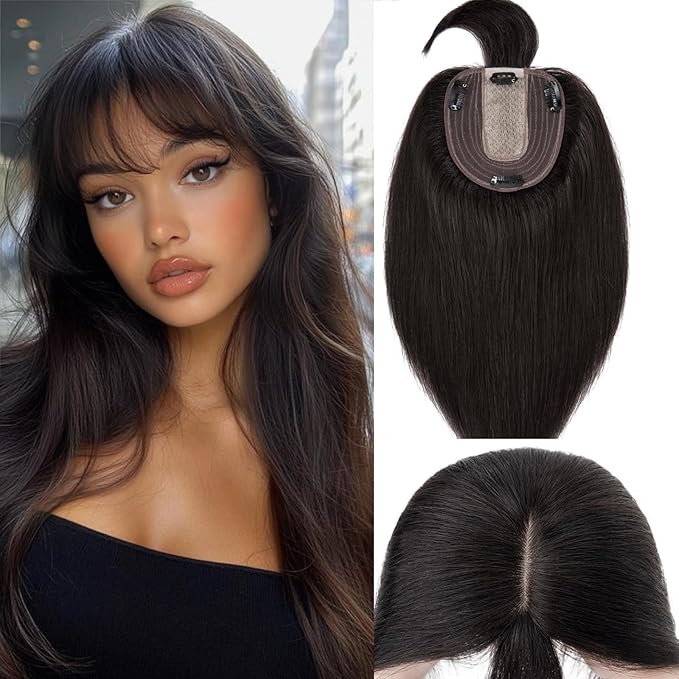 Rich Choices Hair Toppers for Women Real Human Hairs With Bang 100% Remy Human Topper for Thinning Hair Clip in Silk Base Topper 10 Inch #1B Natural Black