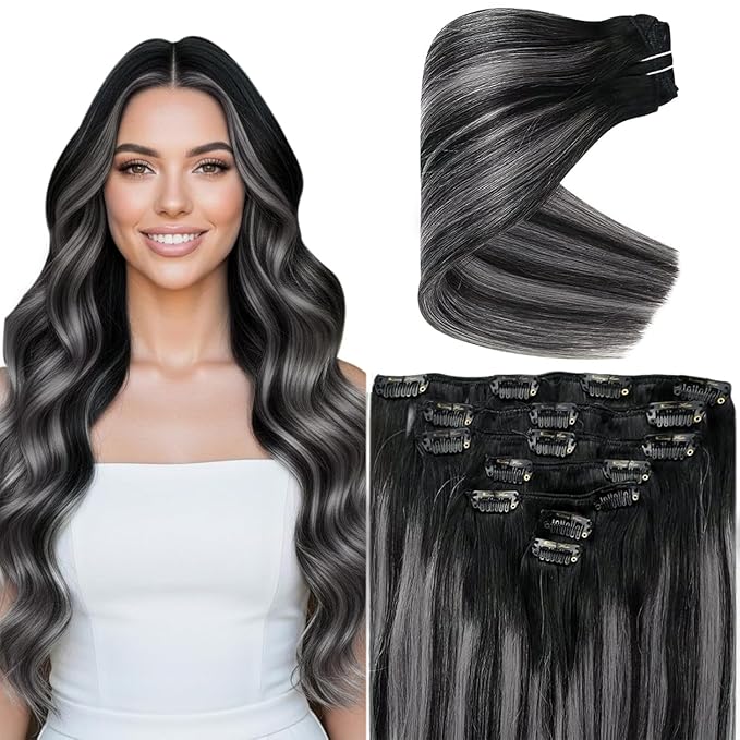 Ve Sunny Clip in Hair Extensions Real Human Hair Black Real Hair Extensions Clip ins Human Hair Grey Silver Clip in Extensions Real Human Hair Comfortable 7pcs 120g 22inch