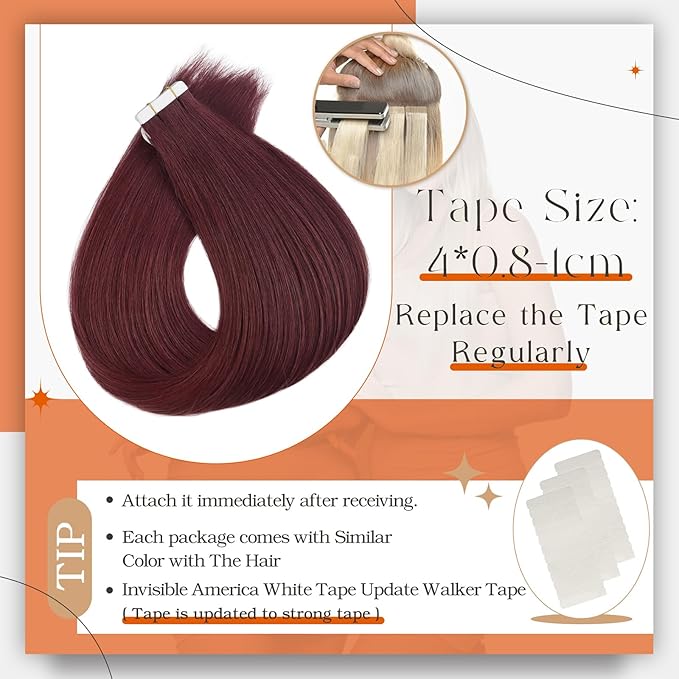 Full Shine Double Sided Tape in Hair Extensions Human Hair Color 99J Wine Red Tape in Extensions Silky Straight Skin Weft 20Inch 100G Seamless Extension 40Pcs for Women