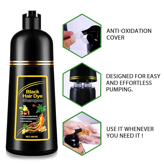 ALIVER Hair Dye Shampoo (Black) - 3-in-1 Natural Herbal Essence: Coloring, Nourishing, and Hair Growth Promoter - 500ml, Hypoallergenic and Harmless for Scalp Care